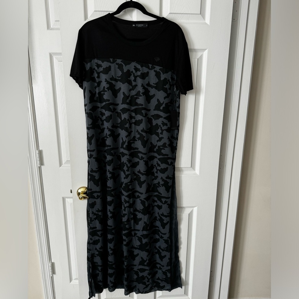 Black and grey camouflage dress with splits on both sides